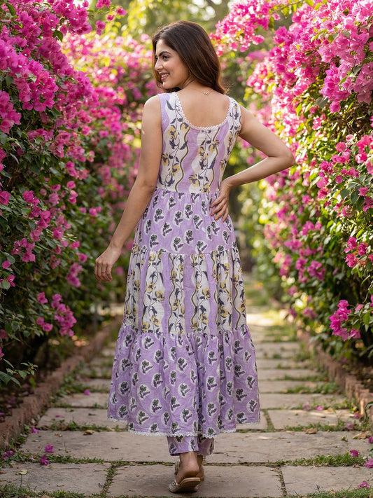 Jaitpuriya Purple  And Cream Pure Cotton Anarkali Gathered or Pleated Kurta Set