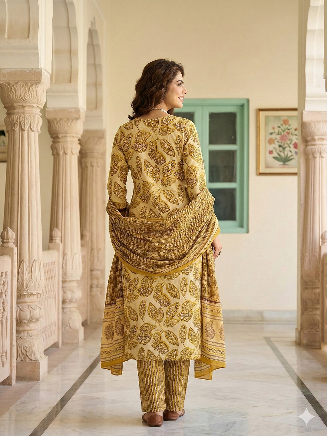 Jaitpuriya Mustard Pure Cotton Straight Regular Kurta Set