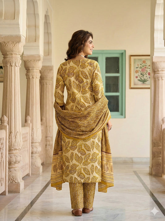 Jaitpuriya Mustard Pure Cotton Straight Regular Kurta Set
