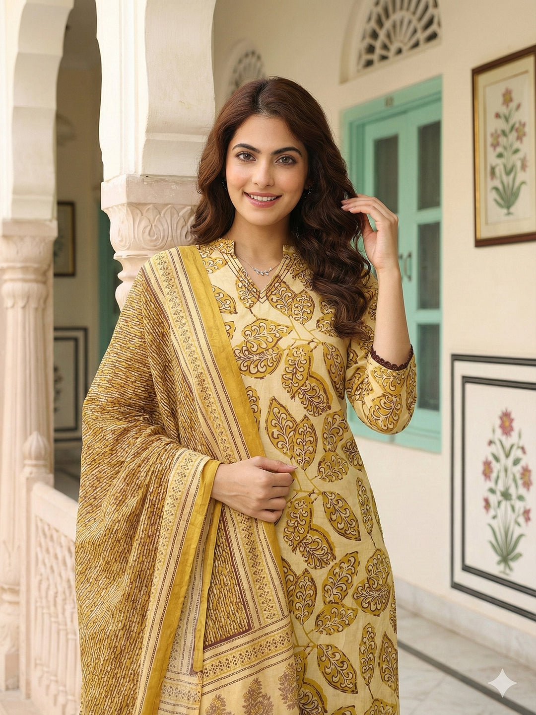 Jaitpuriya Mustard Pure Cotton Straight Regular Kurta Set