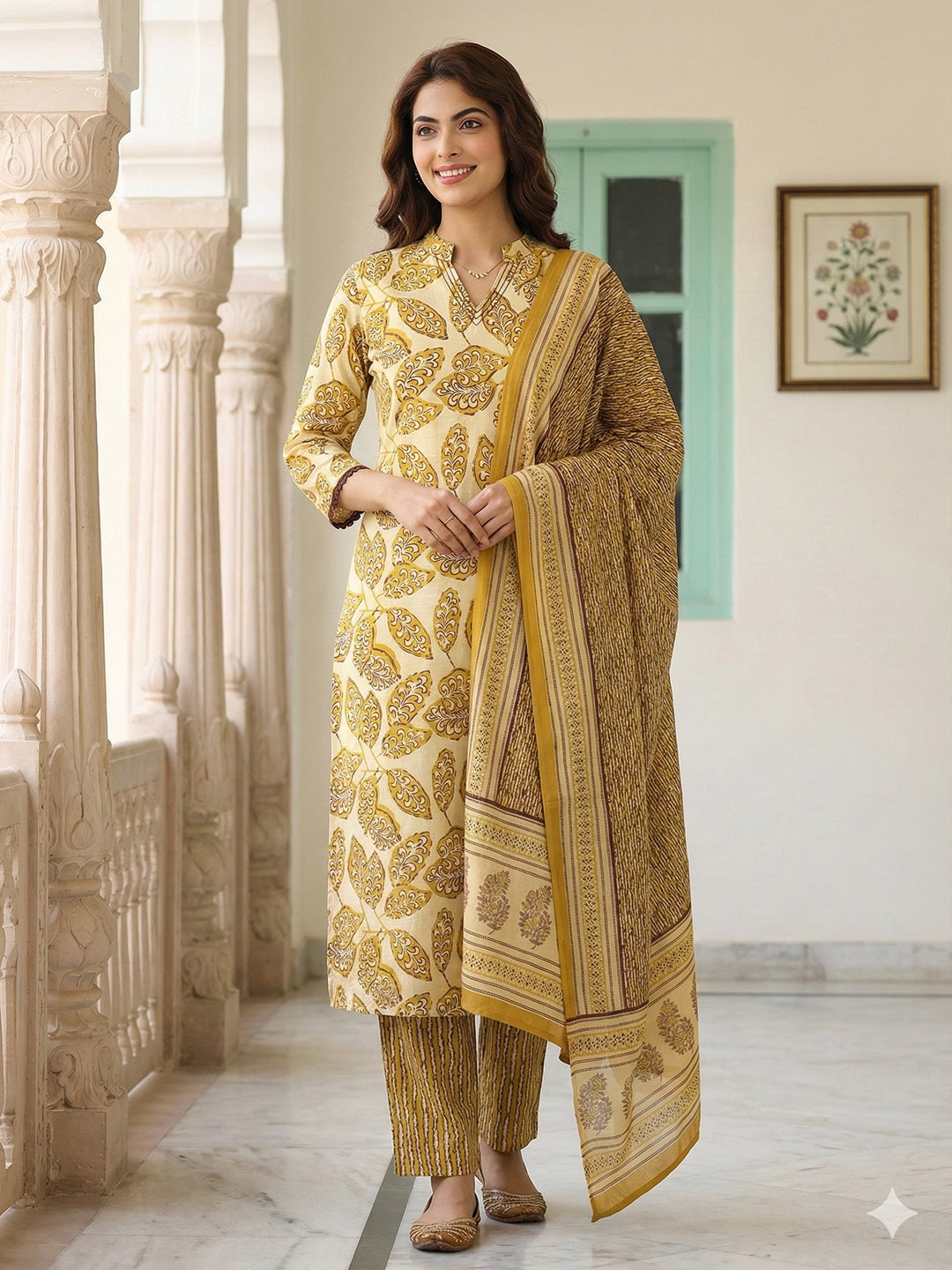 Jaitpuriya Mustard Pure Cotton Straight Regular Kurta Set