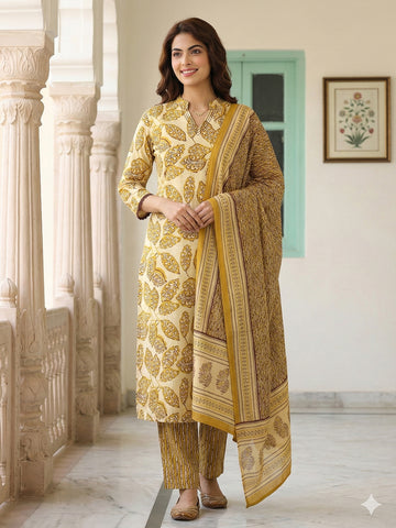 Jaitpuriya Mustard Pure Cotton Straight Regular Kurta Set
