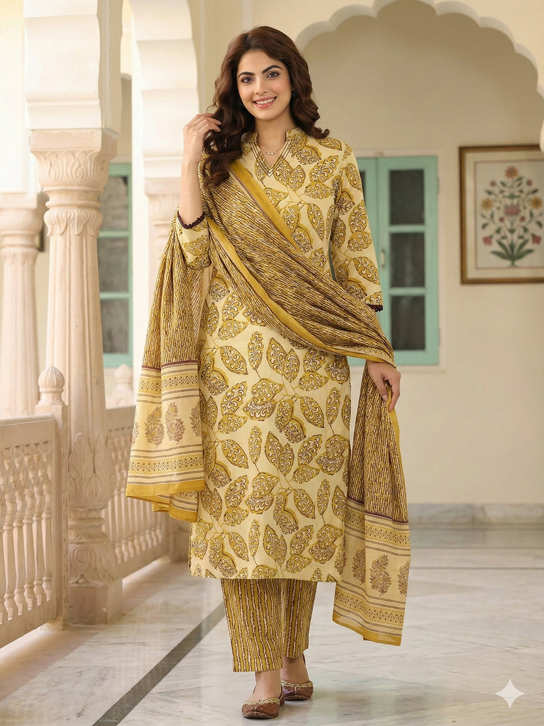 Jaitpuriya Mustard Pure Cotton Straight Regular Kurta Set