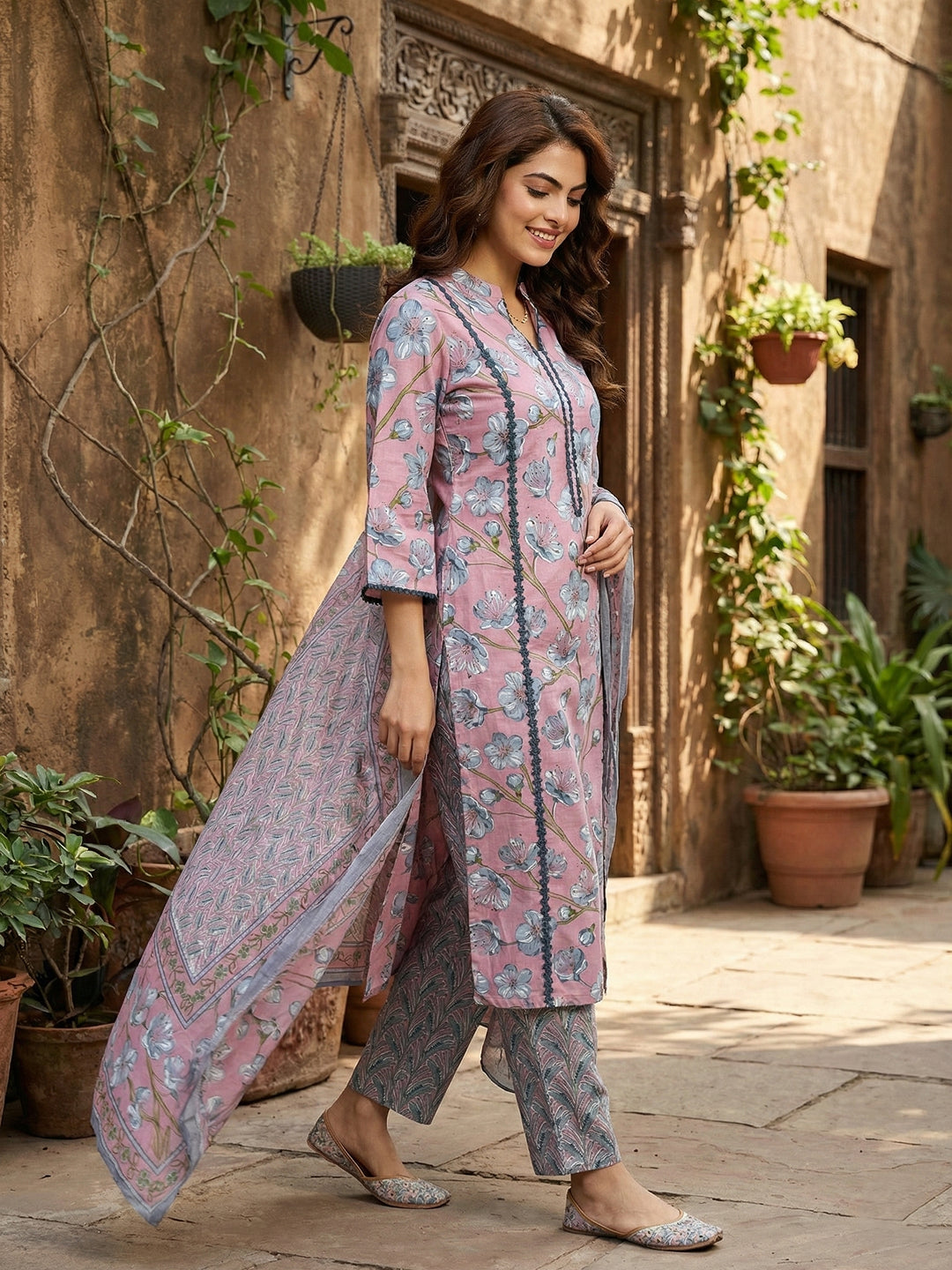 Jaitpuriya Mauve  And Grey Pure Cotton Straight Regular Kurta Set