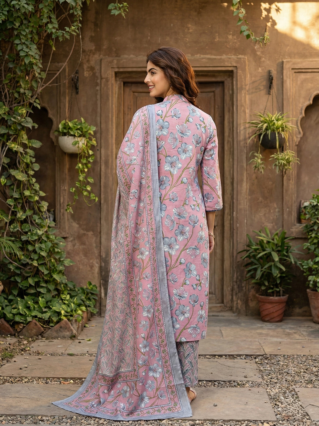 Jaitpuriya Mauve  And Grey Pure Cotton Straight Regular Kurta Set