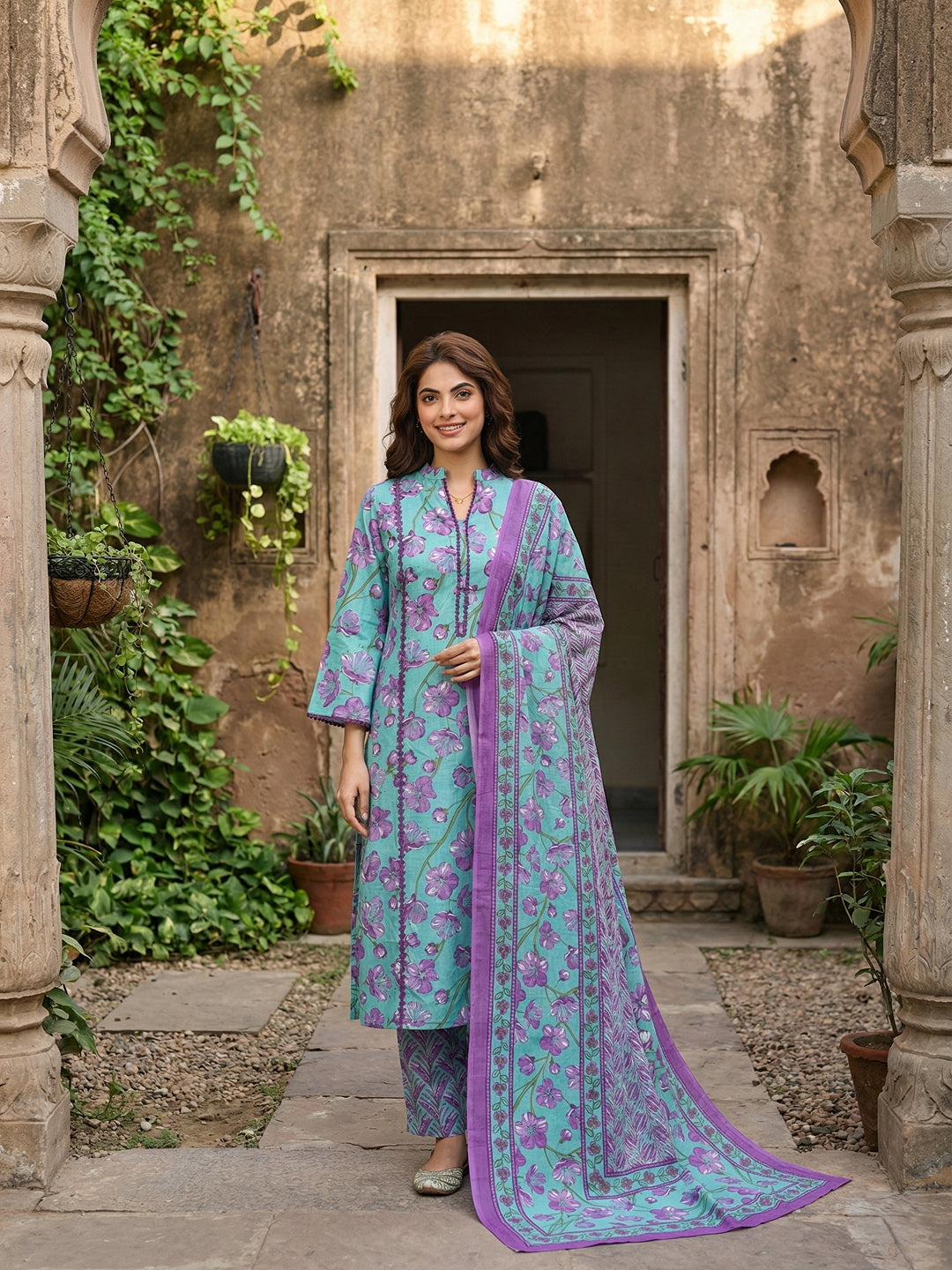 Jaitpuriya turquesa And Purple Pure Cotton Straight Regular Kurta Set