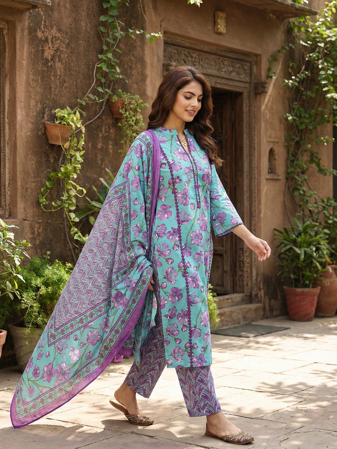 Jaitpuriya turquesa And Purple Pure Cotton Straight Regular Kurta Set