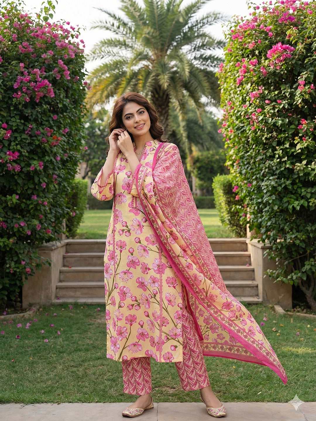 Jaitpuriya Lima yellow And Pink Pure Cotton Straight Regular Kurta Set