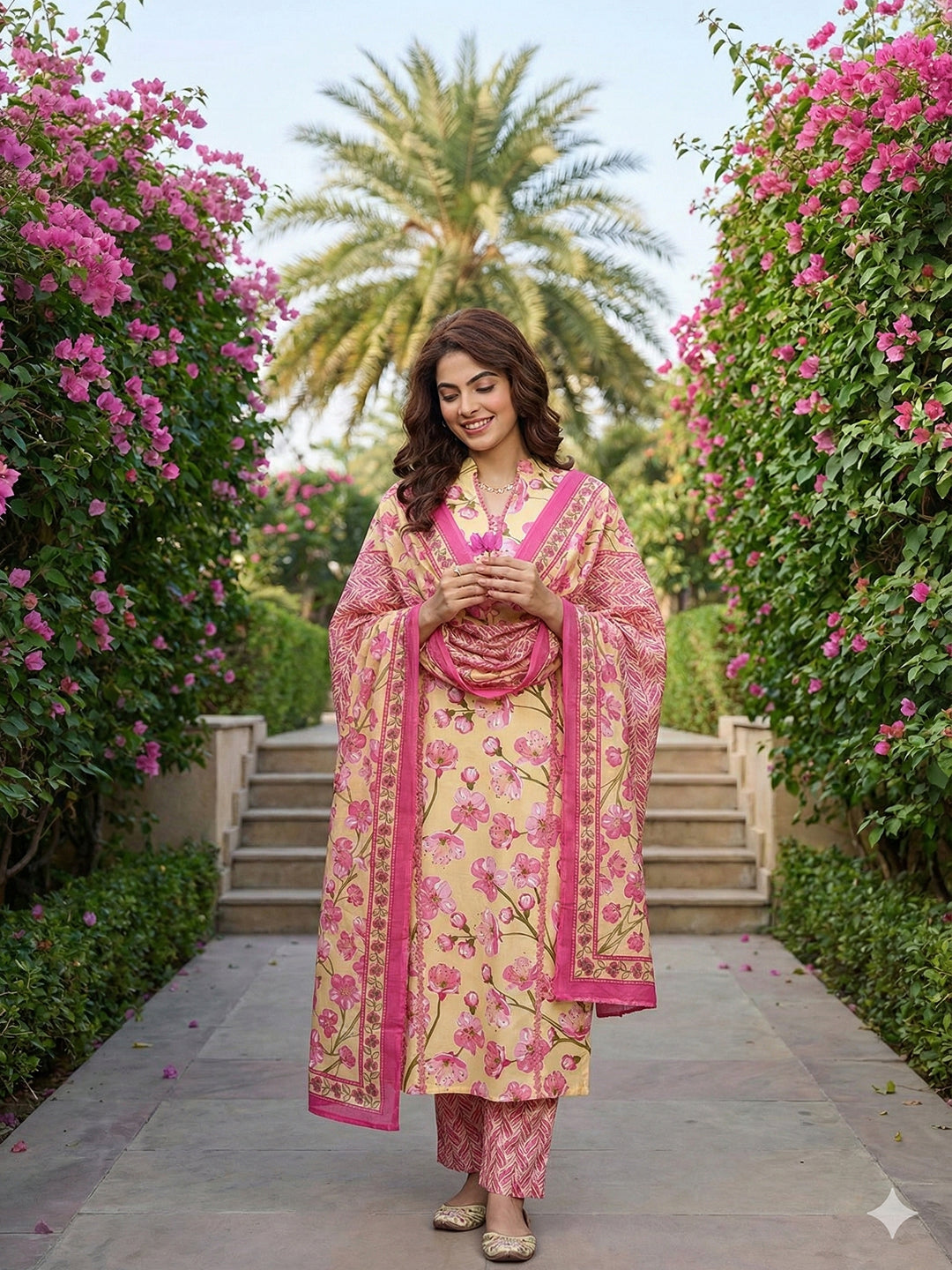 Jaitpuriya Lima yellow And Pink Pure Cotton Straight Regular Kurta Set