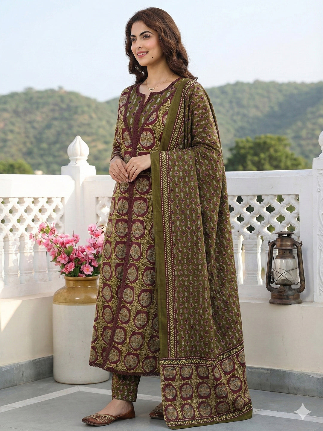 Jaitpuriya Green And Brown Pure Cotton A-line Regular Kurta Set