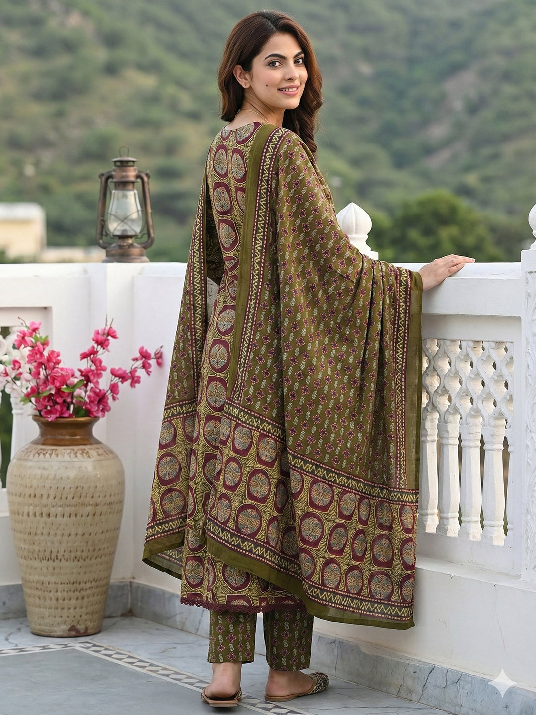 Jaitpuriya Green And Brown Pure Cotton A-line Regular Kurta Set