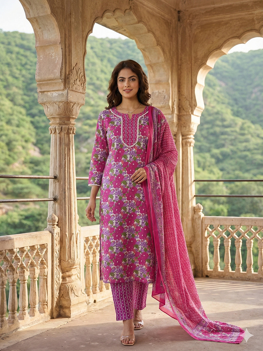 Jaitpuriya Pink And White Pure Cotton Straight Regular Kurta Set