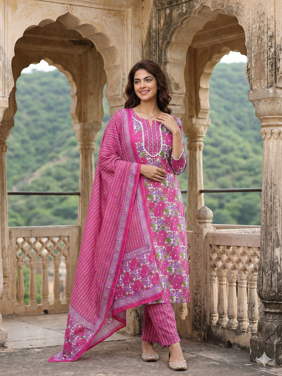Jaitpuriya Pink And White Pure Cotton Straight Regular Kurta Set
