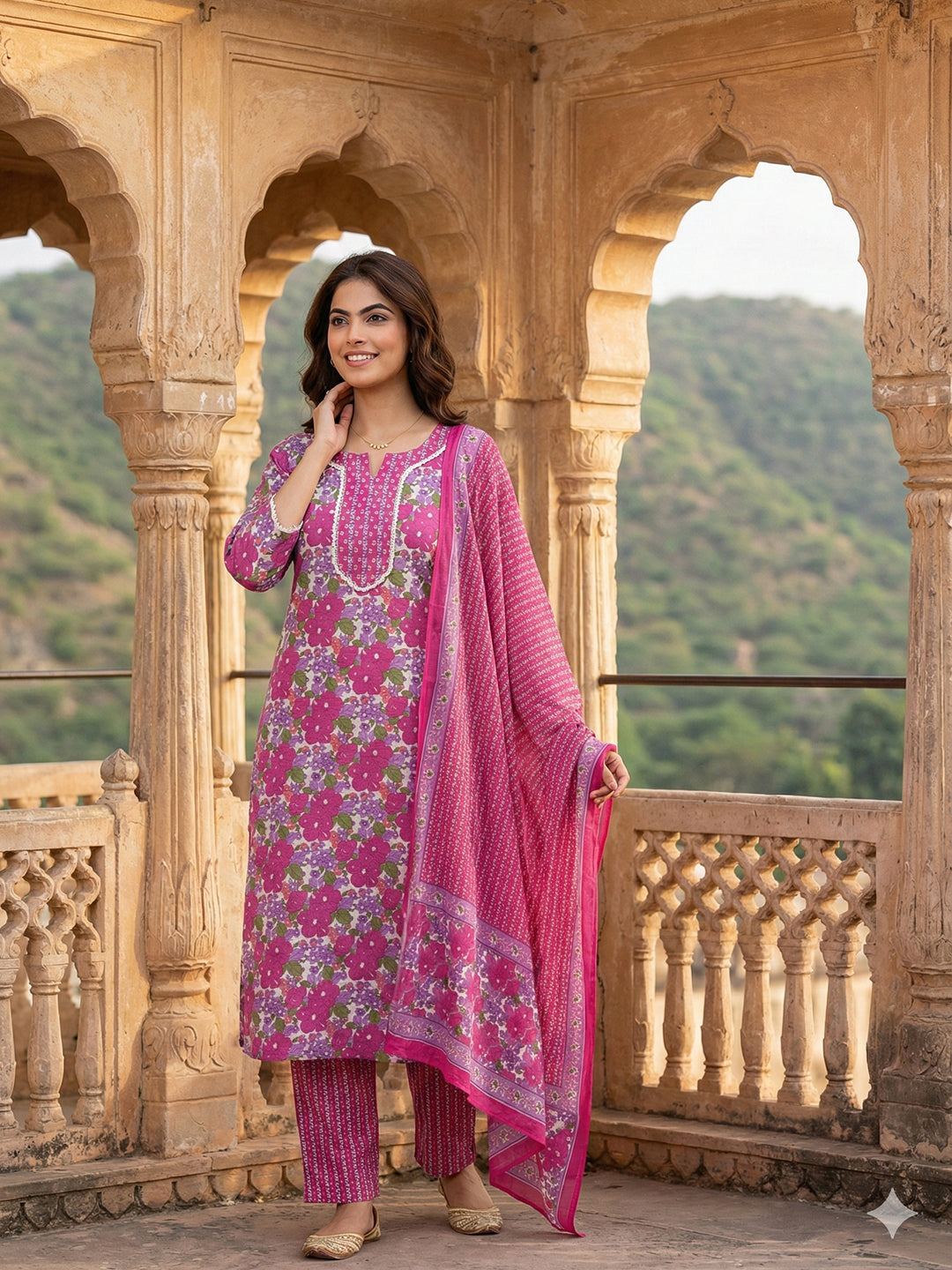 Jaitpuriya Pink And White Pure Cotton Straight Regular Kurta Set