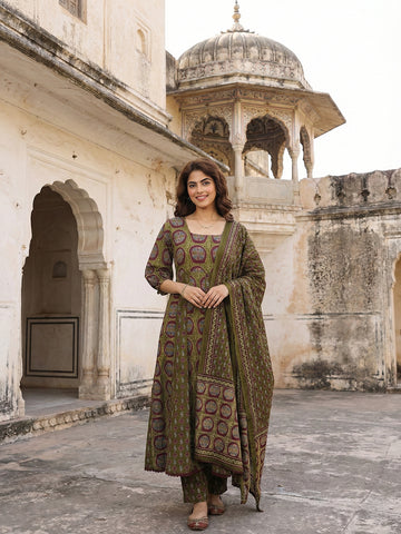 Jaitpuriya Green And Brown Pure Cotton Anarkali Regular Kurta Set