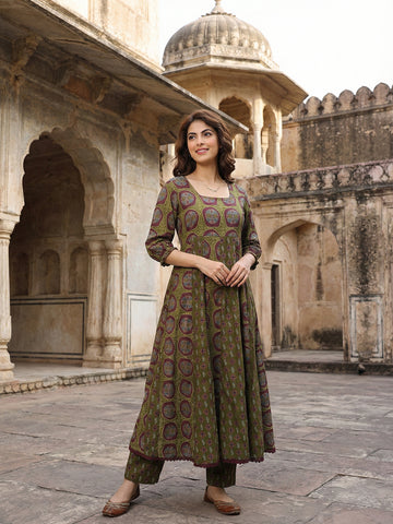 Jaitpuriya Green And Brown Pure Cotton Anarkali Regular Kurta Set