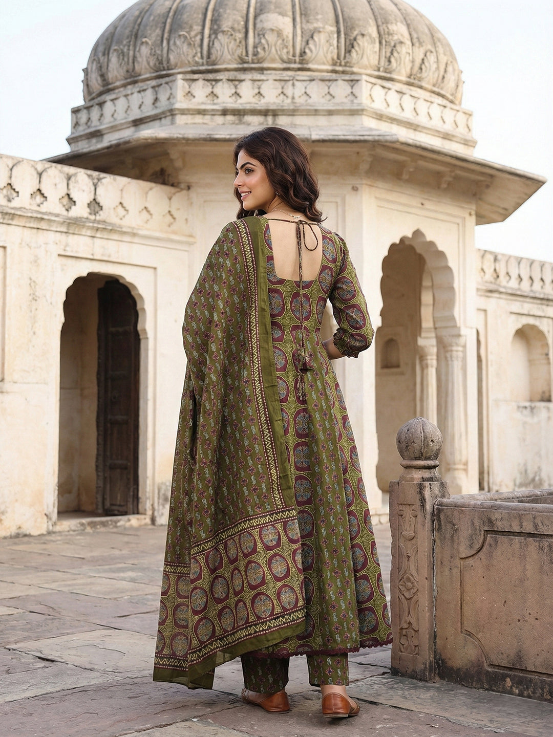 Jaitpuriya Green And Brown Pure Cotton Anarkali Regular Kurta Set