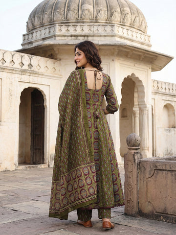 Jaitpuriya Green And Brown Pure Cotton Anarkali Regular Kurta Set