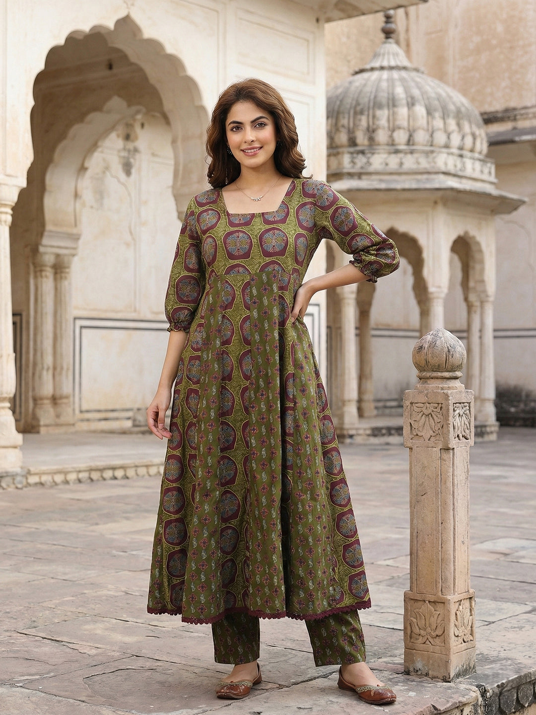 Jaitpuriya Green And Brown Pure Cotton Anarkali Regular Kurta Set