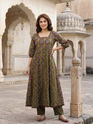 Jaitpuriya Green And Brown Pure Cotton Anarkali Regular Kurta Set