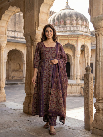 Jaitpuriya Purple And Brown Pure Cotton Anarkali Regular Kurta Set
