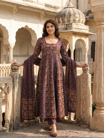 Jaitpuriya Purple And Brown Pure Cotton Anarkali Regular Kurta Set