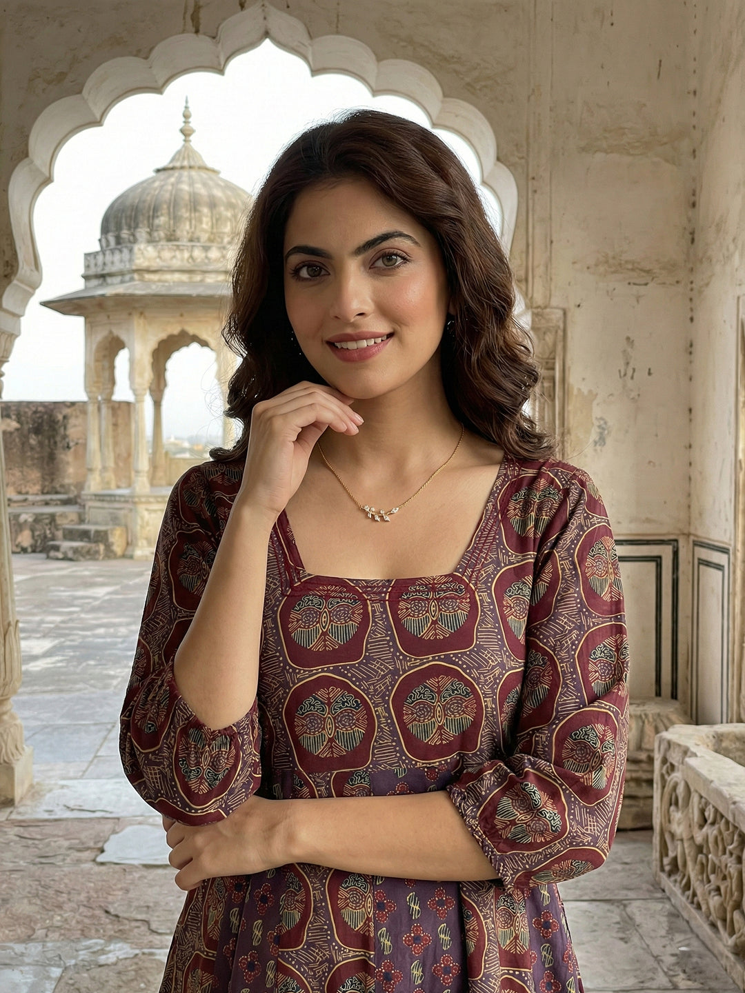 Jaitpuriya Purple And Brown Pure Cotton Anarkali Regular Kurta Set