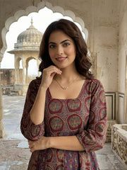 Jaitpuriya Purple And Brown Pure Cotton Anarkali Regular Kurta Set