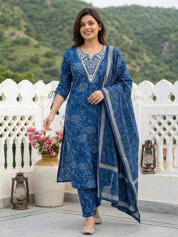 Jaitpuriya Blue Pure Cotton Straight Regular Kurta Set