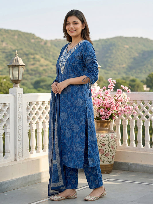 Jaitpuriya Blue Pure Cotton Straight Regular Kurta Set