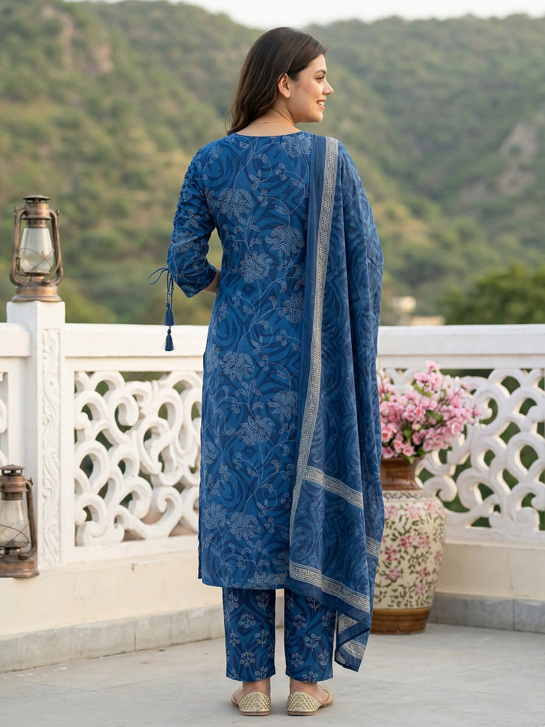 Jaitpuriya Blue Pure Cotton Straight Regular Kurta Set