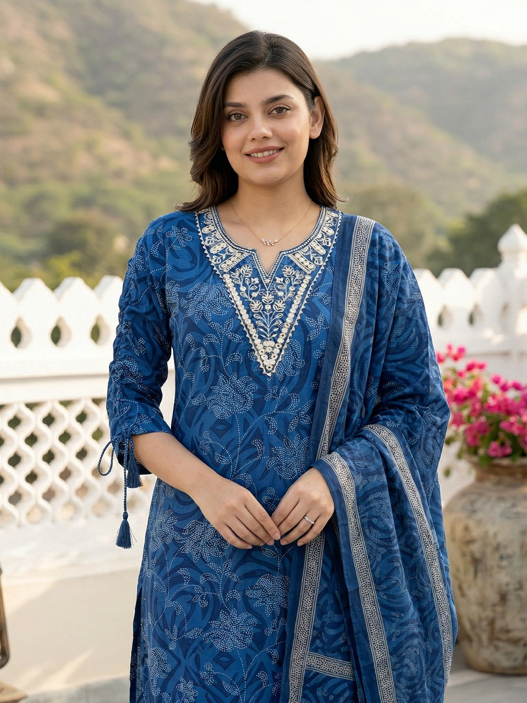 Jaitpuriya Blue Pure Cotton Straight Regular Kurta Set