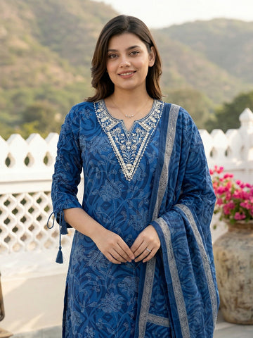 Jaitpuriya Blue Pure Cotton Straight Regular Kurta Set