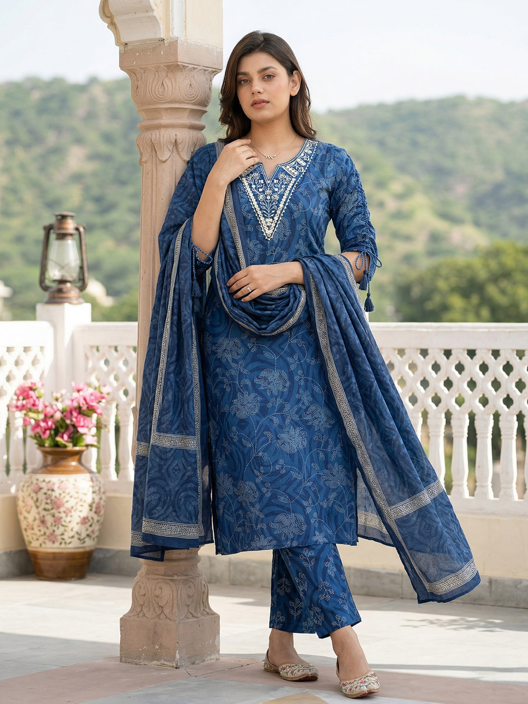 Jaitpuriya Blue Pure Cotton Straight Regular Kurta Set