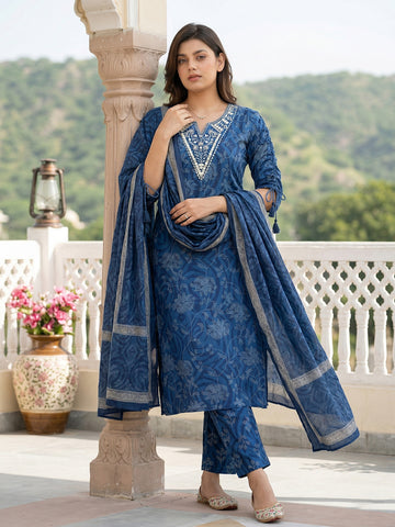 Jaitpuriya Blue Pure Cotton Straight Regular Kurta Set