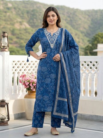 Jaitpuriya Blue Pure Cotton Straight Regular Kurta Set
