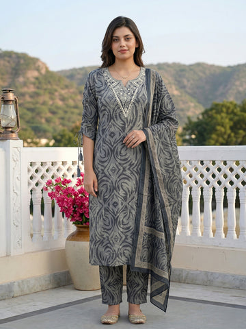 Jaitpuriya Grey Pure Cotton Straight Regular Kurta Set