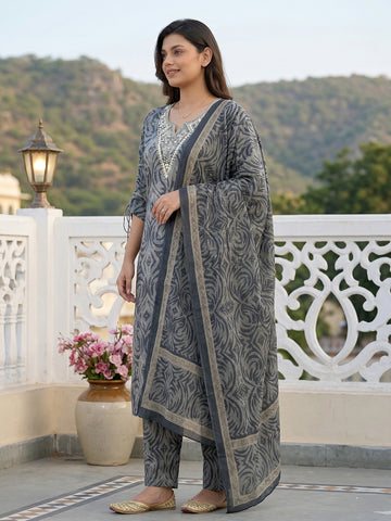 Jaitpuriya Grey Pure Cotton Straight Regular Kurta Set