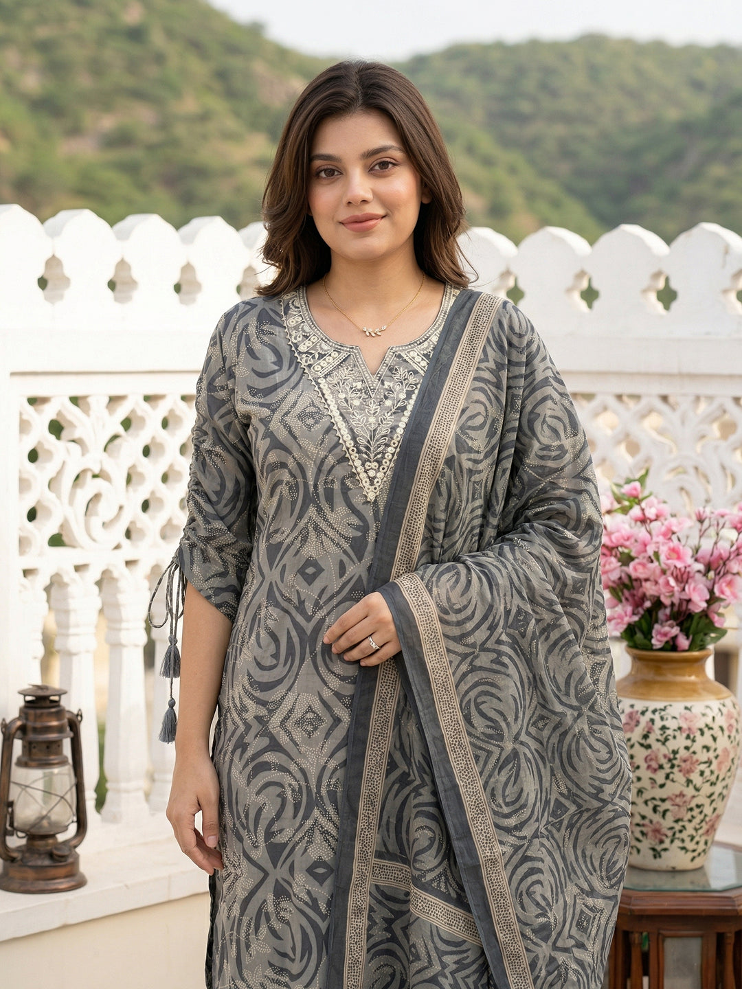 Jaitpuriya Grey Pure Cotton Straight Regular Kurta Set