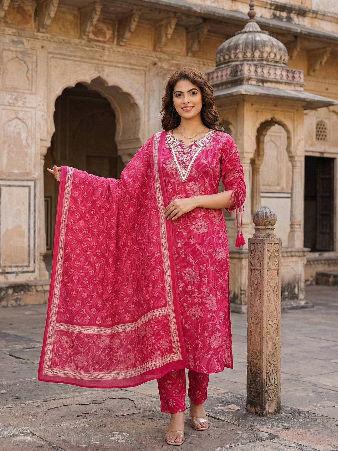 Jaitpuriya Pink Pure Cotton Straight Regular Kurta Set