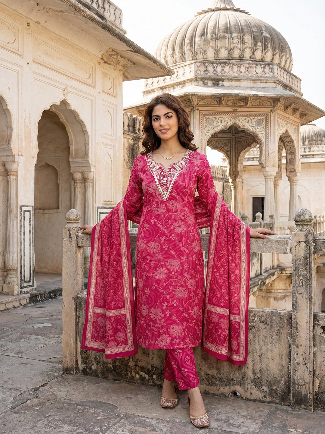 Jaitpuriya Pink Pure Cotton Straight Regular Kurta Set