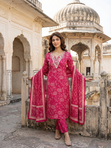 Jaitpuriya Pink Pure Cotton Straight Regular Kurta Set