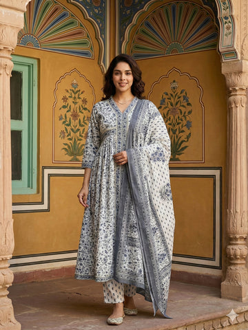Jaitpuriya Grey And White Pure Cotton Anarkali Gathered or Pleated Kurta Set