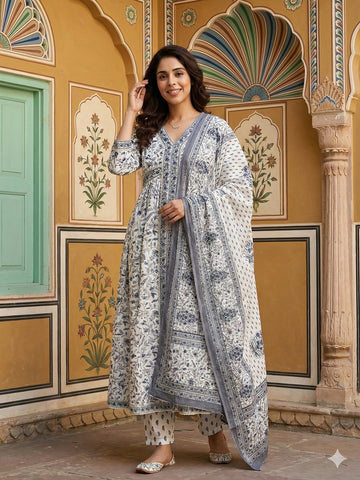 Jaitpuriya Grey And White Pure Cotton Anarkali Gathered or Pleated Kurta Set