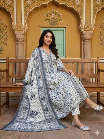 Jaitpuriya Grey And White Pure Cotton Anarkali Gathered or Pleated Kurta Set