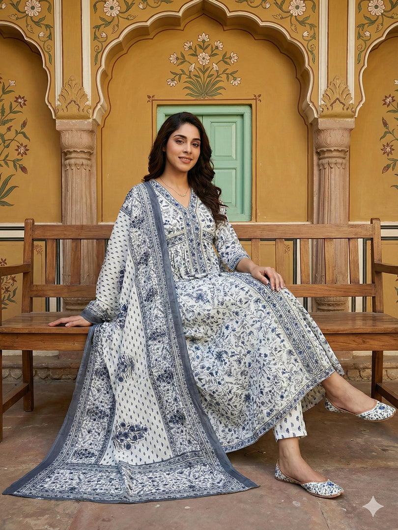 Jaitpuriya Grey And White Pure Cotton Anarkali Gathered or Pleated Kurta Set