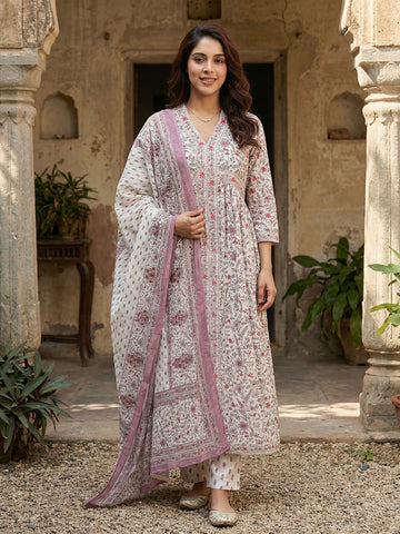 Jaitpuriya Purple And White Pure Cotton Anarkali Gathered or Pleated Kurta Set