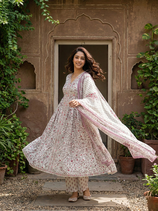 Jaitpuriya Purple And White Pure Cotton Anarkali Gathered or Pleated Kurta Set