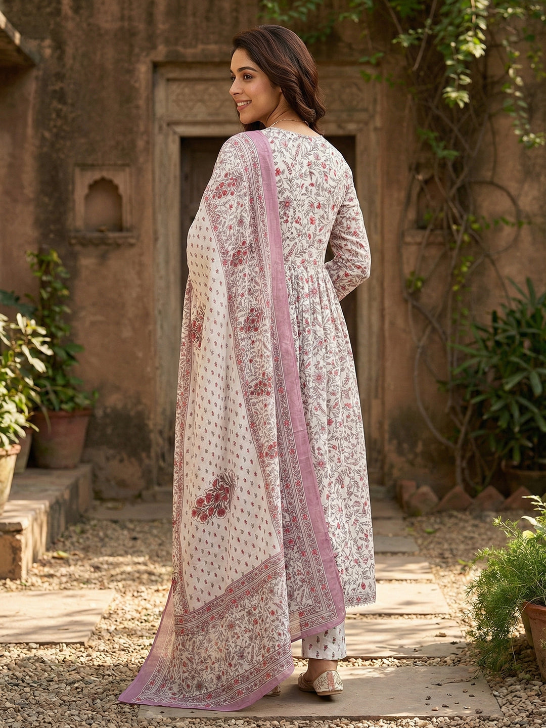 Jaitpuriya Purple And White Pure Cotton Anarkali Gathered or Pleated Kurta Set