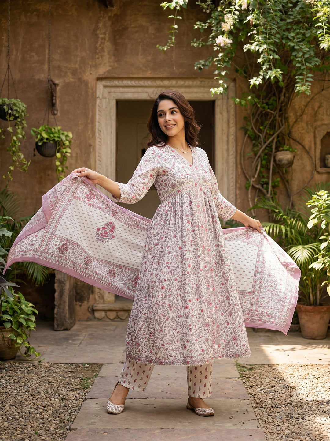 Jaitpuriya Purple And White Pure Cotton Anarkali Gathered or Pleated Kurta Set